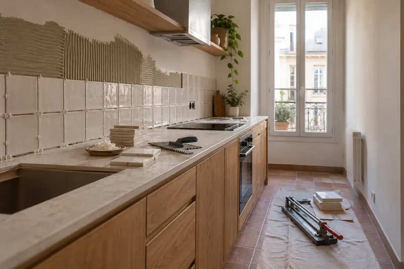 Visualización conceptual IA: Colocación de azulejos con separadores y adhesivo sobre una pared de cocina.
