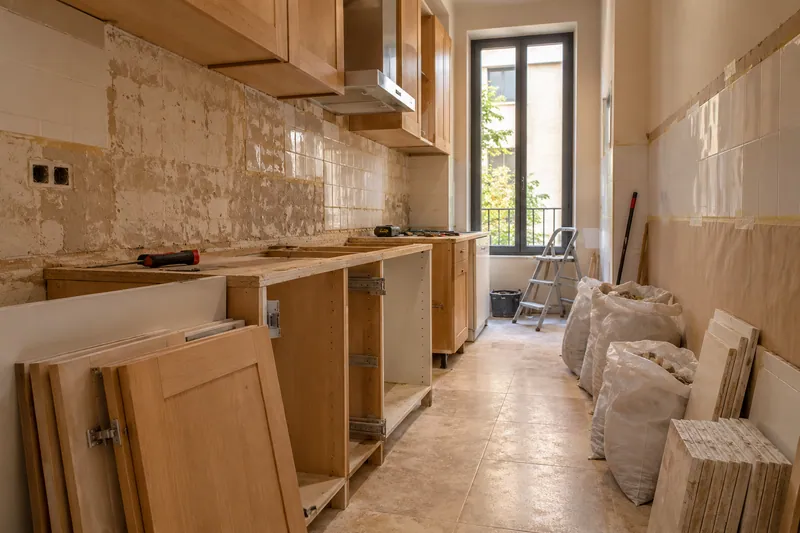 Visualización conceptual IA: Retirada de muebles y revestimientos al comienzo de una reforma de cocina.