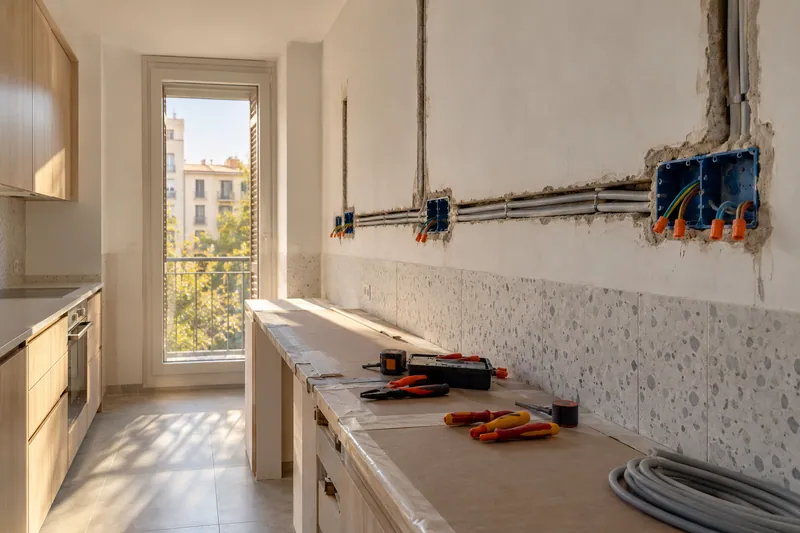 Visualización conceptual IA: Canalizaciones y cajas eléctricas durante la preparación de una cocina.