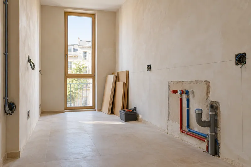 Visualización conceptual IA: Tuberías de suministro y desagüe durante la renovación de una cocina.