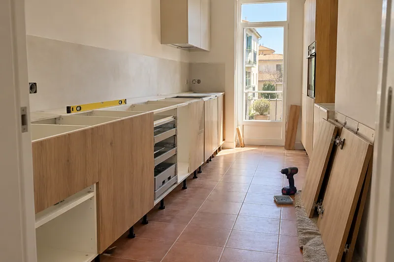 Visualización conceptual IA: Módulos de cocina en montaje con puertas pendientes de colocar.